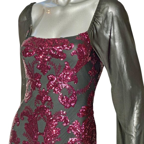 Jump Apparel Black Burgundy Damask Sequin Bodycon Mini Dress - Picture 4 of 11